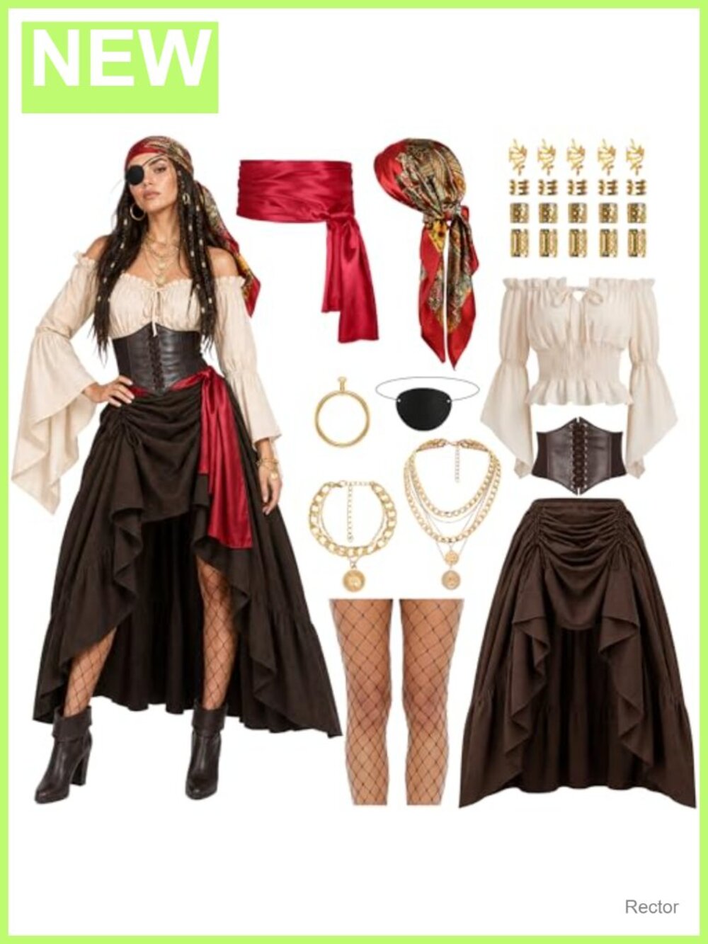 Renaissance Pirate Costume Set Medieval Tops Skirt Faux Leather Corset Adult